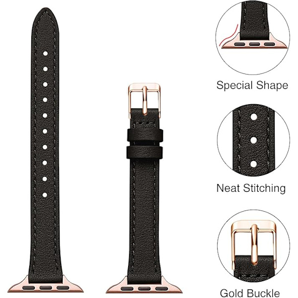 Läderarmband Kompatibelt med Apple Watch-armband Äkta Slim&Thin Läderersättningsband, Armband för iwatch Serie Kvinnor Män Black&Rose Gold 38/40/41mm
