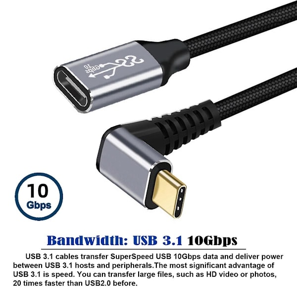 UC-058-UP-0.5M 90-graders vinklet USB-C USB 3.1 Type-C Hann til Hunn Skjøte Datakabel Aluminium Legering Kobling Flettet Ledning