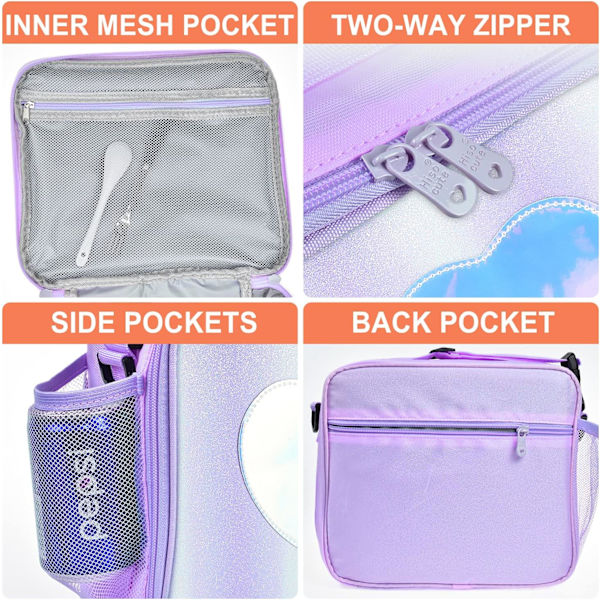 Lunsjpose Isolerende Lunsjboks for Jenter - Regnbue Tote Bag Lekkasjetett Termisk Gjenbrukbar Kjølepose Piknikpose for Kvinner Skole Kontor Utendørs Purple