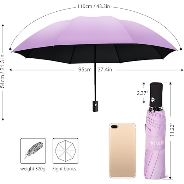 Rejseparasol Foldbar Kompakt Parasol Automatisk Åbning og Lukning Solregnparasol med Ærme Purple