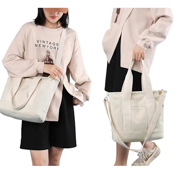 Multi-Pocket Tote Bag med dragkedja, Canvas Handgjord Handväska med fack, Multifunktion Satchels Bag för kvinnor Damer Univisity Skola Arbete Resor White - Medium
