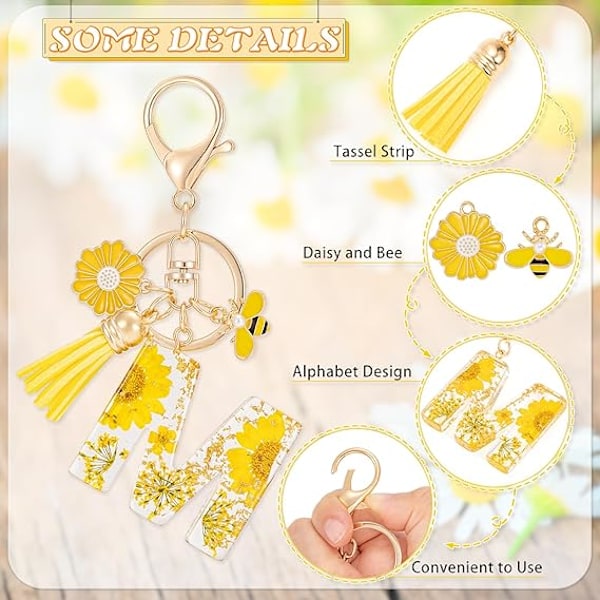 Bogstav A Nøglering Harpiks Alfabet Nøgleringe, Gule Blomsterblade Guldfolie Nøglering Charm med Daisy Bee Tassel Vedhæng, Nøglering M