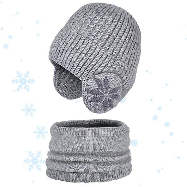Vintermössa och halsdukssats för barn | Stickad halsduk och mössa för utomhussporter - Snöflingemönster Elastisk förtjockning Utomhussporter Mössa och halsdukssats Light Gray