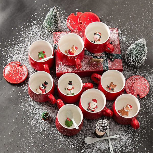 Julekopper Par Keramik Nissefigurer med Lopp og Skje Ny Loppdesign Ferie Stil Kontor Hjem Melk Kaffe Kanne Juletre Christmas tree