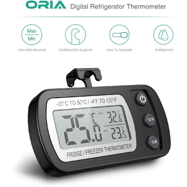 Elektronisk Termometer til Køleskab, Fugt- og Vandafvisende, Opgraderet Version med Magnet og Sort Hæk (-20~50℃)