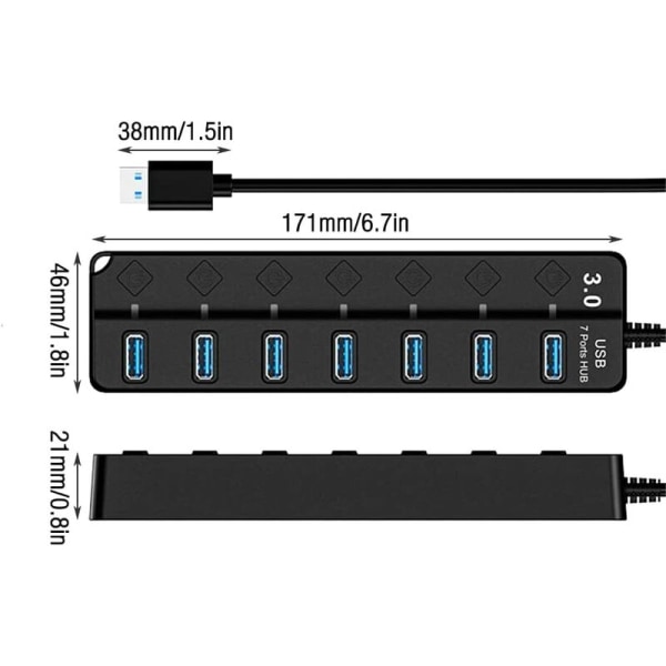 USB 3.0 -keskitin, moniporttinen 7-porttinen USB-virtapalkki itsenäisellä kytkimellä, virtalähde USB 3.0 -keskitin, useita USB-portteja PC:lle, kannettavalle tietokoneelle