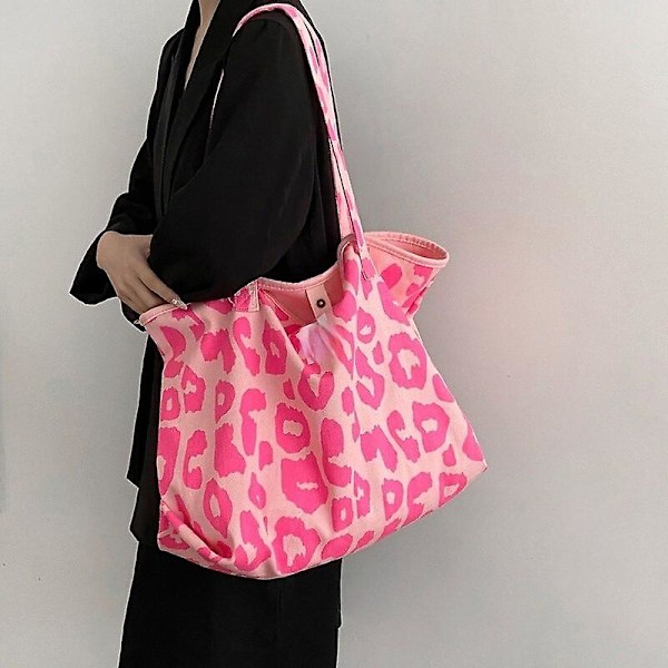 Håndtaske Pink Leopard Skuldertaske Dame Stor Kapacitet Casual Totes Søde Canvas Tasker Bucket Håndtaske L Pink