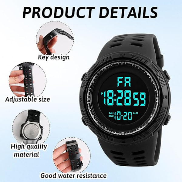 Digital Klokke Menn Digital Klokke Digitale Armbåndsur for Menn Vanntett Klokke for Menn Klokker med Lys