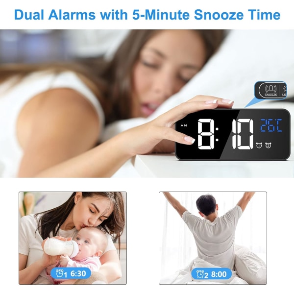 Väckarklocka, digital klocka med temperaturdisplay, snooze, USB driven uppladdningsbar klocka med dubbla larm för sovrum, säng