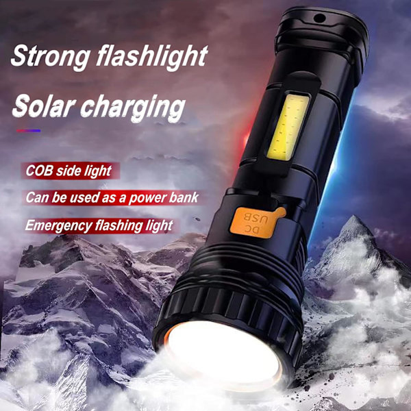 Solcelle/Ladesbar Multifunksjons LED-lommelykt med 1000 Lumen, Nødstrobelys og 1200 mAh Batteri, Nødstromforsyning og USB