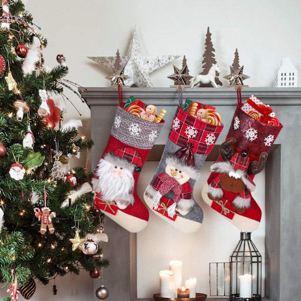 Julstrumpor, tomte, snögubbe, ren 3D plysch Chr