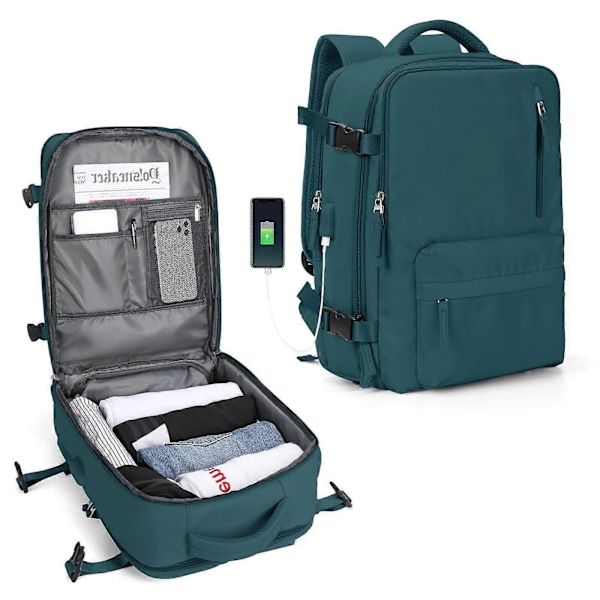 Vattentät Lätt Reseryggsäckar Stor Kapacitet Kvinnors Multifunktionell Resväska USB-Laddning Kvinna Flygbagage Peacock blue 43x30x20cm