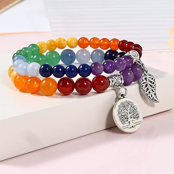 Chakraarmband för kvinnor - Kristallarmband Kvinnor Naturliga Ädelstenar Yoga Reiki Armring - En uppsättning dubbla armband C