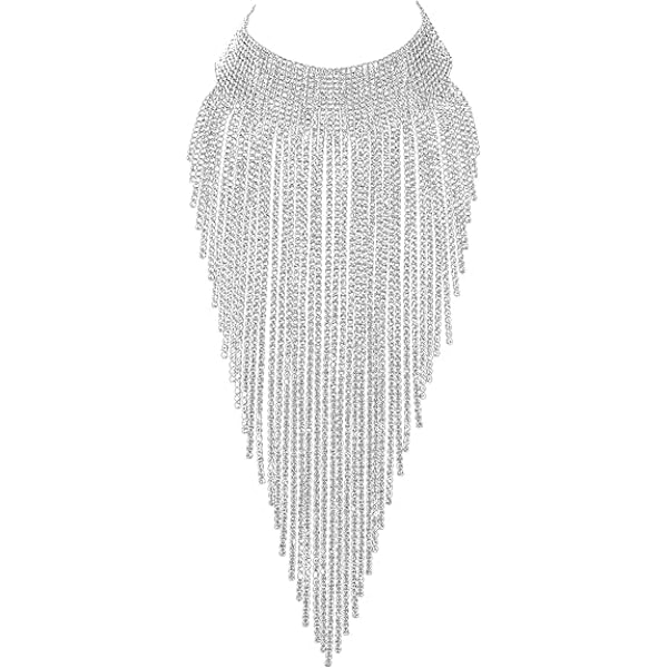 Rhinestone Statement Halskjede for Kvinner Tassel Bib Choker Krage Chunky Kostymesmykker B