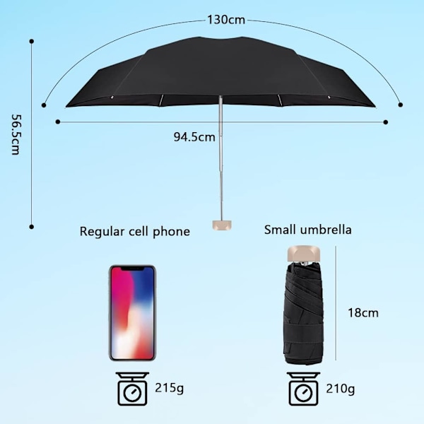 Miniparasoll, Lommeparasoll, 6 Ribber Lett og Kompakt Sammenleggbar Parasoll Vindtett Regn og Solparasoll med Forsterket Ramme for Reise, Skole B-flat-black