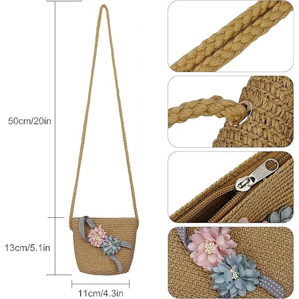 Solhatt Sommar Strand Halmhattar och Mini Söt Väska Set med Blommor Dekoration för Semester Utomhusaktiviteter Khaki