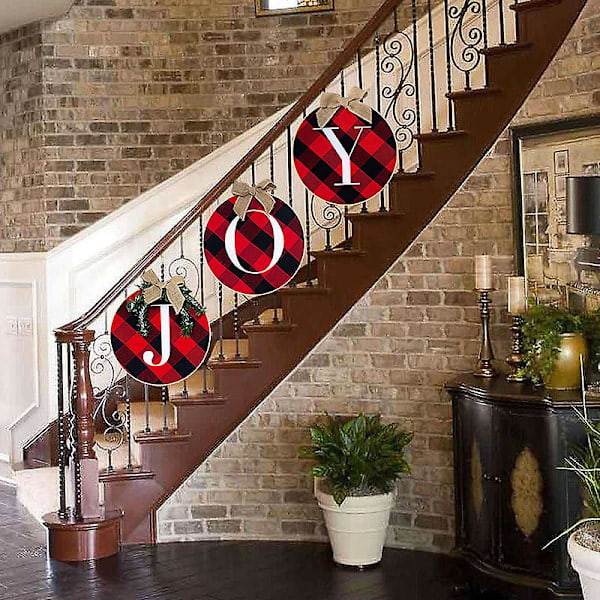 Julepynt JOY Vegg Skilt, Buffalo Plaid Krans for Inngangsdør Rustikk Burlap Trejulepynt