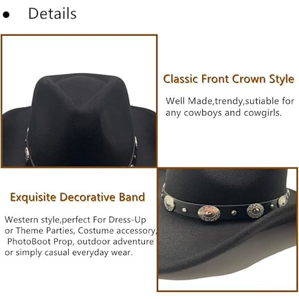 Cowboyhatt för kvinnor Westernhatt för män Cowboyhatt i filt Justerbar utomhushatt med formbar brätte Black