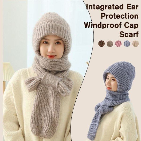 Vintermössa & Halsduk Set med Öronvärmare - Stickad Vindtät beige One size