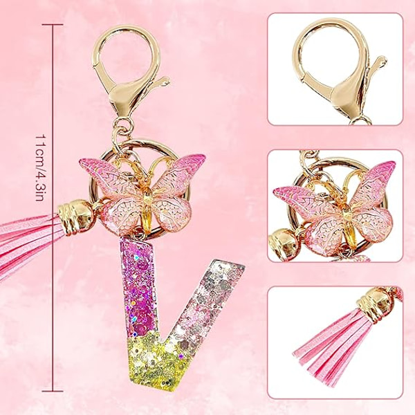 Alfabetet nøglering ringe Pink Cute nøglering med sommerfugl kvast vedhæng indledende bogstaver V