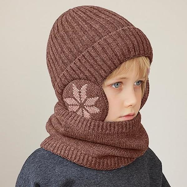 Vintermössa och halsdukssats för barn | Stickad halsduk och mössa för utomhussporter - Snöflingemönster Elastisk förtjockning Utomhussporter Mössa och halsdukssats Coffee