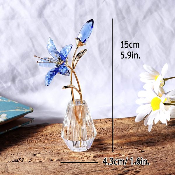 Kristallblomma Figur Lily Blomma Samlarobjekt Present till Kvinnor, Glas Lilium med Kristallvas Metallstam för Hem Bröllopsfest Dekor Blue