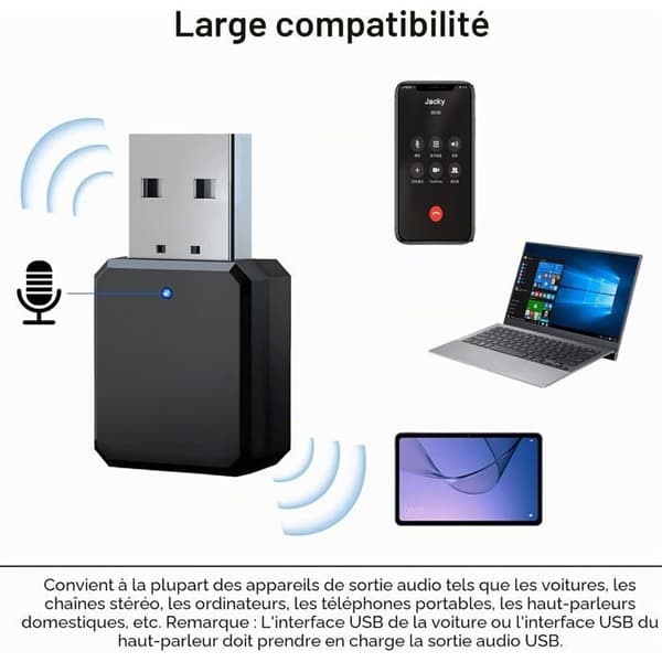 Bluetooth USB 5.1-adapter - 1 stk - Dobbel AUX/USB-utgang - Bilmottaker - Høyttaler