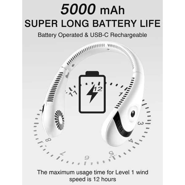 USB-ventilator - Bærbar halsventilator med LED-display, foldbar halsventilator 5000mAh batteri, 3 niveauer