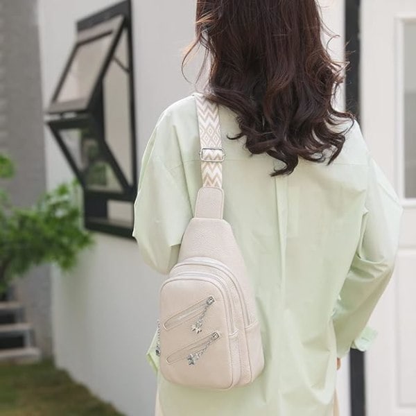 Sling Bag för Kvinnor, Crossbody Midjeväskor PU Läder Crossbody Väskor Bröstväska Flera Fack Bältesväska Plånbok med Justerbar Rem 30cm White