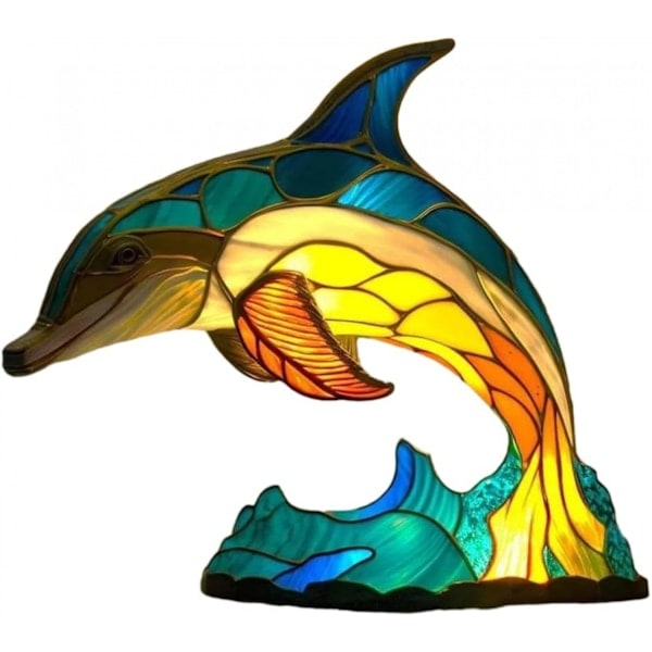 Djurbordlampa-serie Färgad Harts Elefant Draken Vargen Lampa Retro Sänglampa Tiffany Stil Nattlampa Bohemisk Hartslampa för Sovrum dolphin