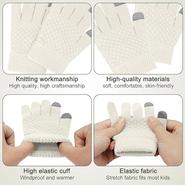 Vintermössa, Halsduk och Vantar Set för Barn, 3-Delar Stickad Varm Crochet Tjock Fluffig Halsduk Pom Pom Mössa Två Fingrar Touch Screen Vantar Set White