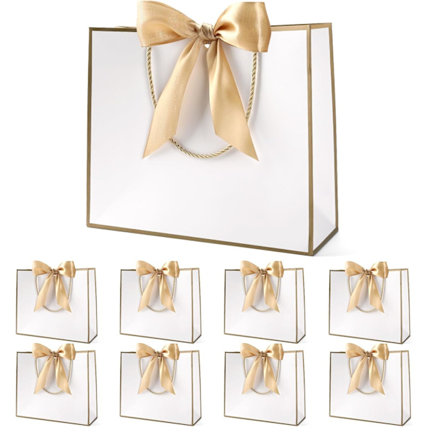 Presentpåsar för presenter, presentpåsar i papper med rosettband, presentpåsar för bröllop, brudtärnor, födelsedag, fest, firande, 12,6 x 9,8 x 3,9 tum white-gold