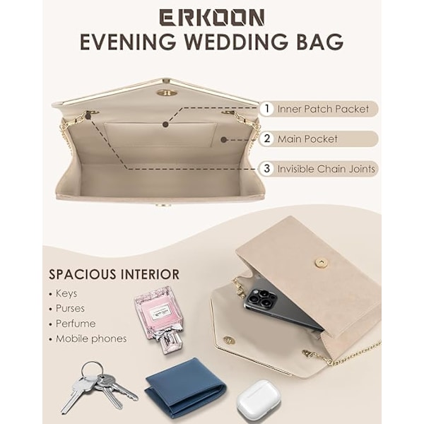 Kvinners Faux Suede Kveldsclutchvesker, Prom Håndveske Formelle Festclutch Bryllupsvesker Cocktail Promenade Skulder med Avtakbar Stropp