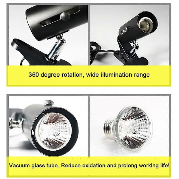Reptil Lampe med UVB + UVA, Clip-on Keramisk Holder til Skildpadde Solbadning og Opvarmning, Firben Belysning White A2