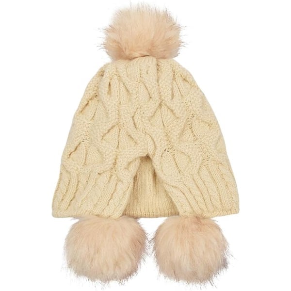 Talvihattu naisille, neulottu tupsulla, tuulenpitävät korvaläpät Beige