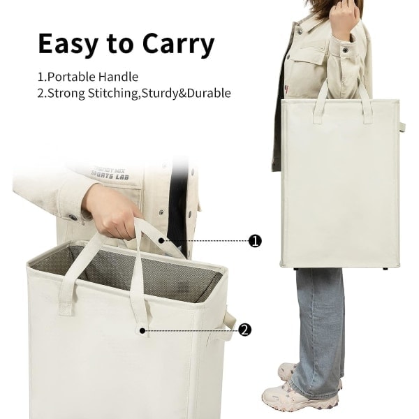Erittäin ohut pyykkikori kahvalla, kokoontaitettava kori ohuille likaisille vaatteille, ohut kassi, kokoontaitettava kangas, 45 l (53,34 cm, beige)