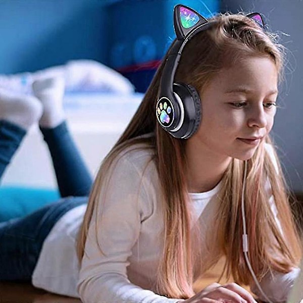Hodetelefoner med katteører, trådløse hodetelefoner med LED-lys, Bluetooth-hodetelefoner Black