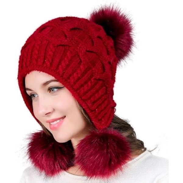 Vinterhue til kvinder, strikket med pompon, vindtætte øreklapper Red
