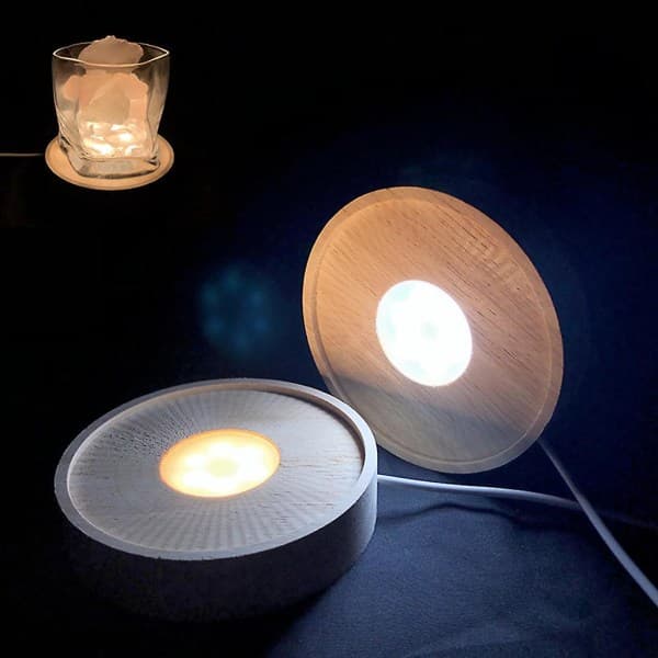 Pyöreä jalusta LED-valoilla, kristallille, puinen valaistusalusta