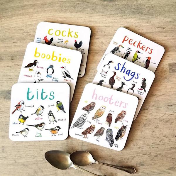 Set med 6 fågelordlek-underlägg, roliga dryckesunderlägg, underläggssats med 6 för bordsskydd, bar, inflyttningspresenter, kaffe
