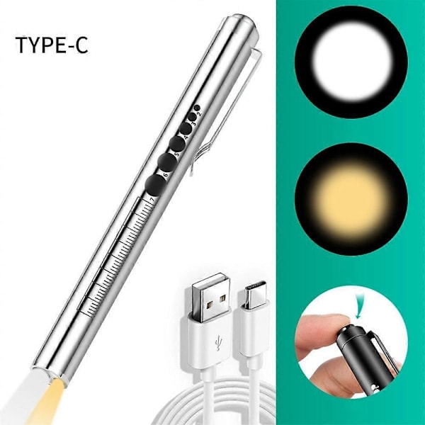 Pennelykt, Gjenbrukbar LED-pennelykt for Studenter Leger Sykepleiere med 2 Lysmoduser, USB Oppladbar, Varmt Lys og Hvitt Lys, Lommeklips Silver