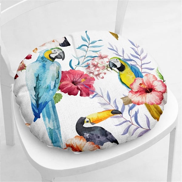 Rund linnekudde stolsdyna, quiltad sittdyna blomma & fågelserie golv tatami bekväm vadderad soffa matstolar kuddar Blue Parrot