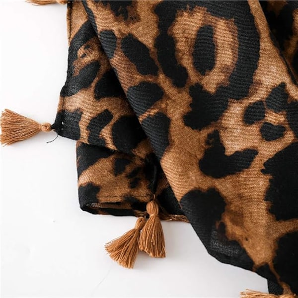 Lång Mjuk Halsduk för Kvinnor - Mode Halsdukar Dam Leopard Sjal Kvällsfest Tillbehör Tofs Brun
