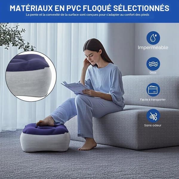 Uppblåsbart fotstöd - 1 enhet - PVC-flockat - Justerbar höjd - Flygplan, kontor, hem - Blå