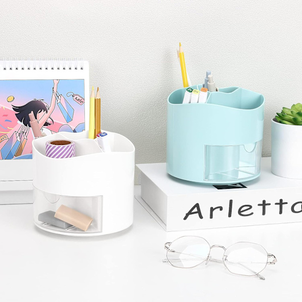 Roterende Pen- og Blyantsholder, 4 Rum Pen Pot - Skrivebordsstationær Opbevaring Makeupbørsteholder til Hjem og Kontor, Pen Organiser Desk Tidy White