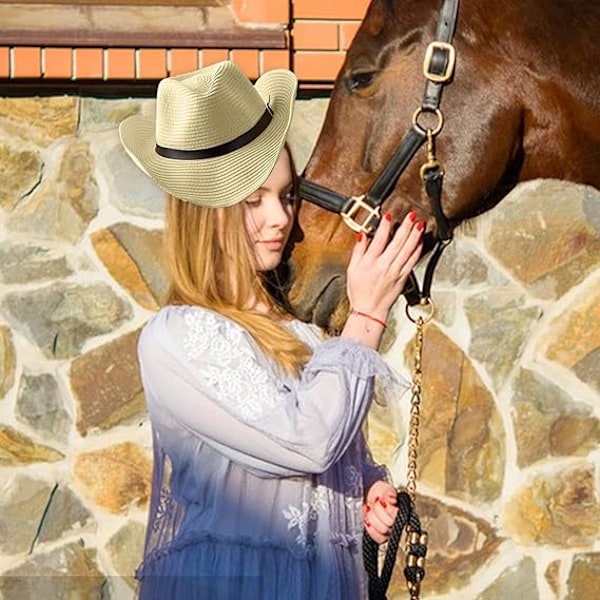 Halm Cowboy Hat til Kvinder Mænd Kvinders Cowboy Hat Klassisk Western Cowgirl Hat Cowboy Hat Kvinder med Bælte Solhatte med Bred Skygge Vintage Stil Beige