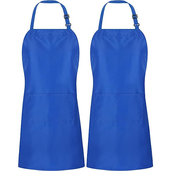 2-pack justerbar haklappsförkläde med 2 fickor Vattenavvisande matlagningsköksförkläde för män, kvinnor med långa band Blue