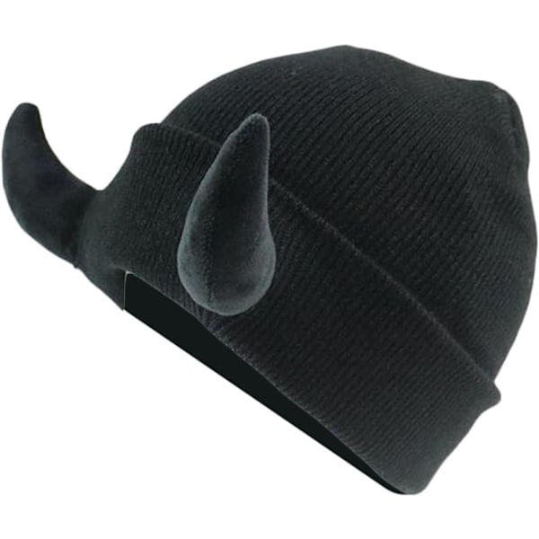 Djævelshorn Mænd Hat Strikket Beanie med Horn Kvinder Hip Hop Demon Horn Cap til Vinter Varmt Ski Udendørs Black