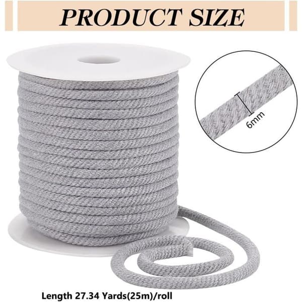 Lysegrå Polycotton Snor - 25m - 6mm - Blød Flettet Reb - Til Tøj og Håndværk