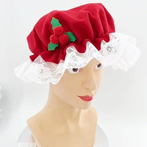 Fru Claus hatt kostym för kvinnor jul tomten mopp spets vit trim mössa för jul nyår festlig cosplay